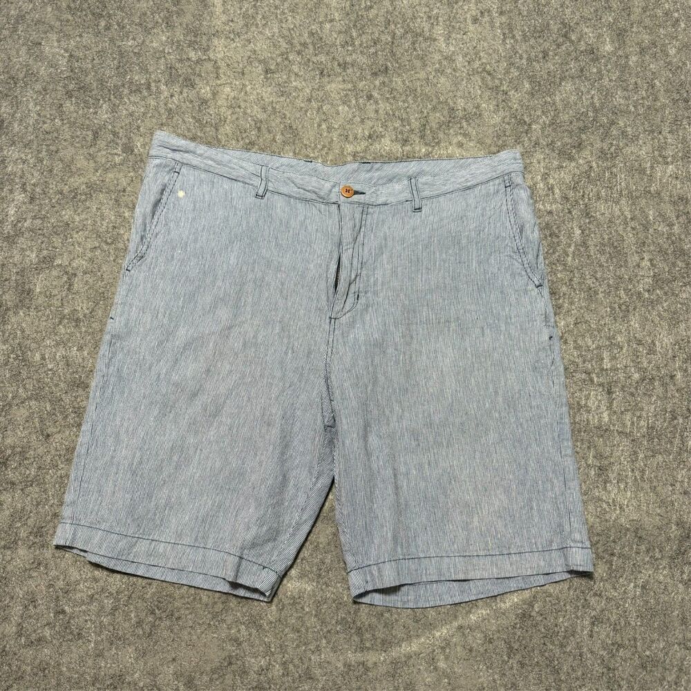 Tommy Bahama Mens Hickory Striped Linen Blend Shorts Size 38 Blue White Logo